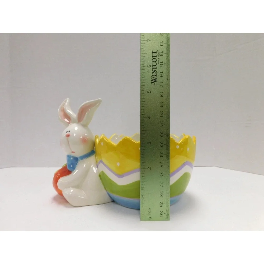 Ceramic Easter Bunny Candy Dish Cracked Egg Figurine Carrot Pastel Bowl DW89